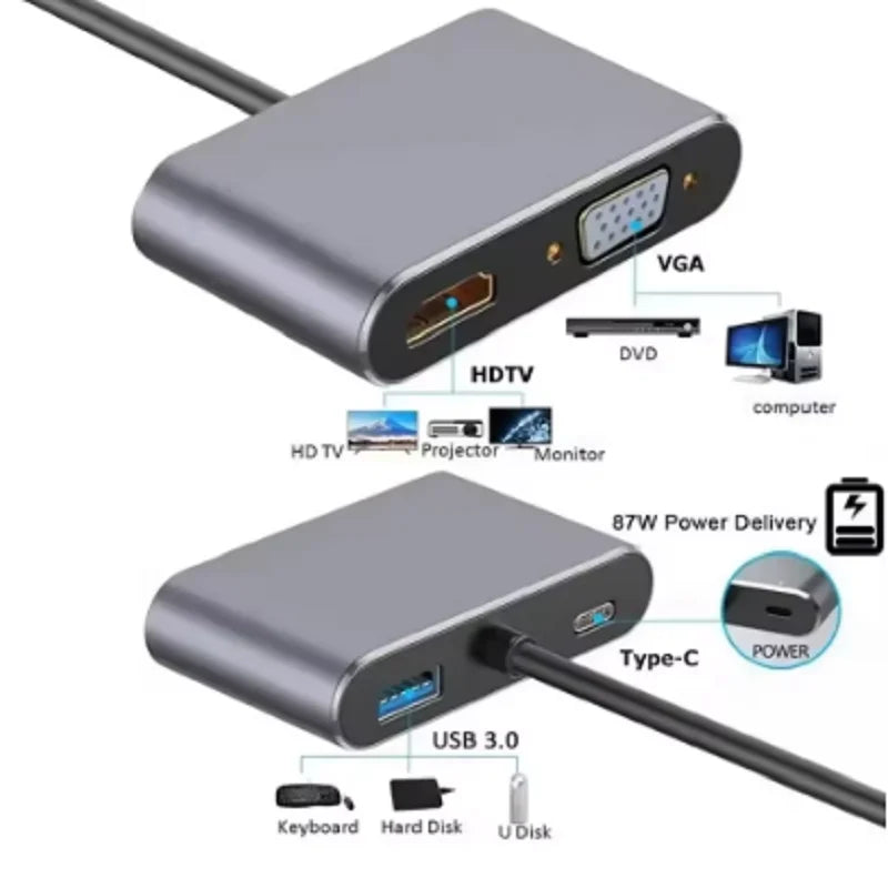 4 in 1 USB C Hub Docking Station Type C to 4K HDMI HDTV VGA USB 3.0 PD Fast Charge Splitter for MacBook Notebook Laptop Computer