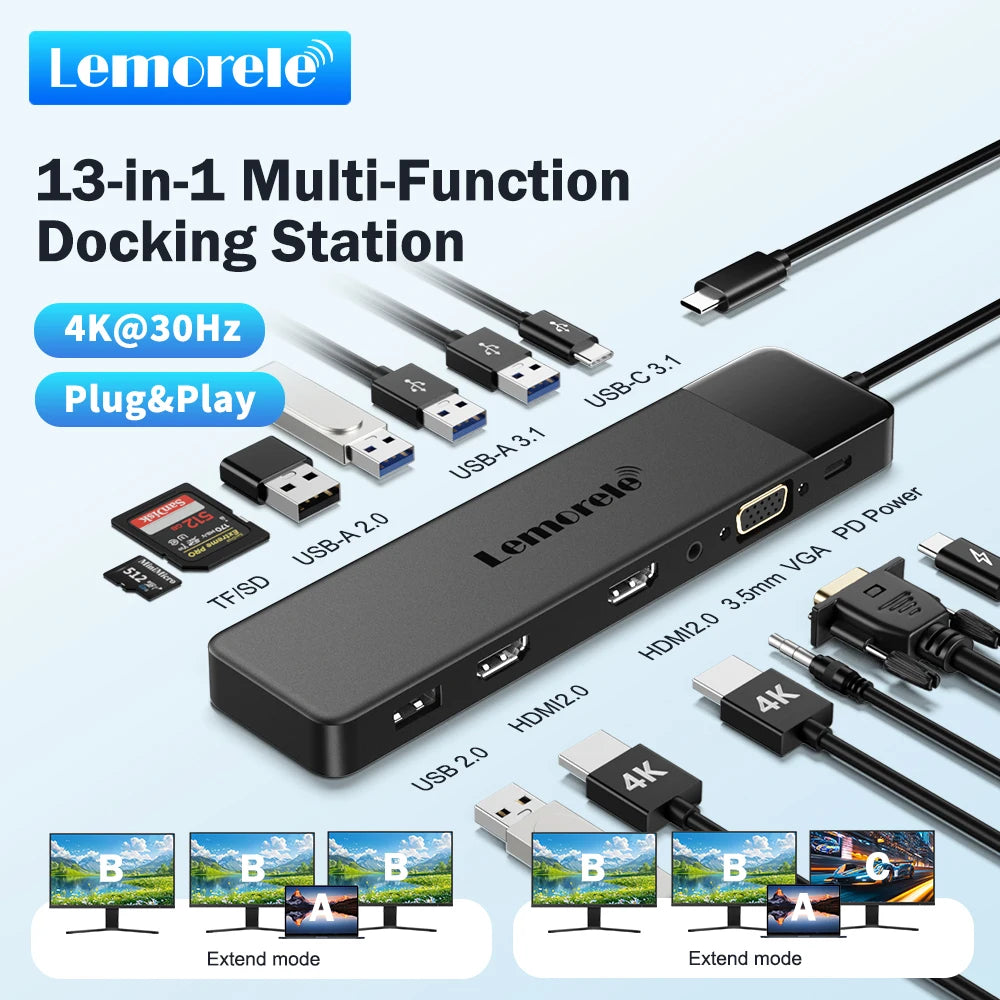 Lemorele 13-in-1 USB C HUB 4K30Hz HDMI USB3.0 PD100W Docking Station RJ45 VGA SDTF USB Splitter for Laptop Macbook Pro Air iPad