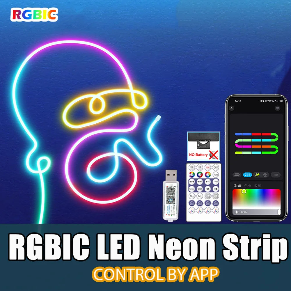 LED Strip with Remote & App, RGB+IC Neon Strip Lights, Flexible Light for Gaming Room, Bedroom Decor Lights, Vibrant Neon Light,