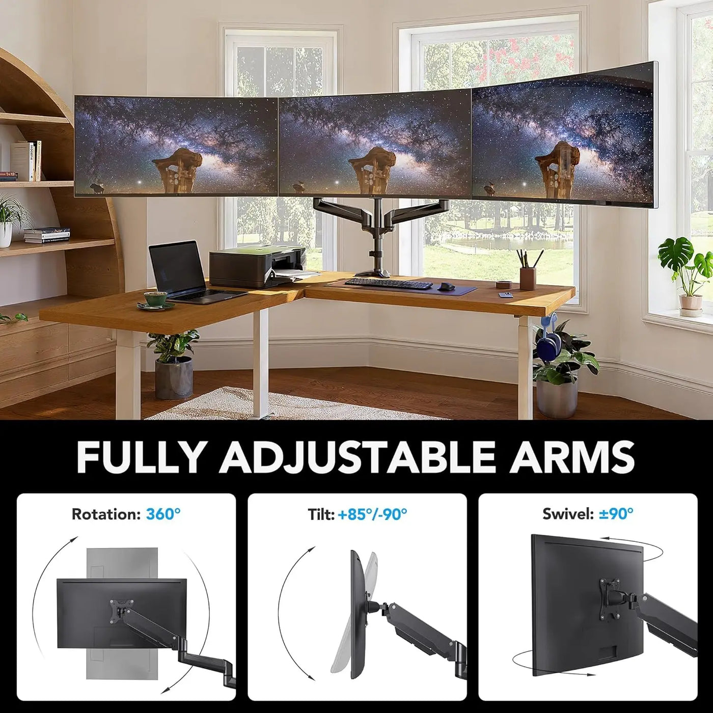 Triple Monitor Mount for 17-32 Inch Screens, Adjustable Gaming Stand with Swivel, Tilt, Rotation, Clamp & Grommet Kit