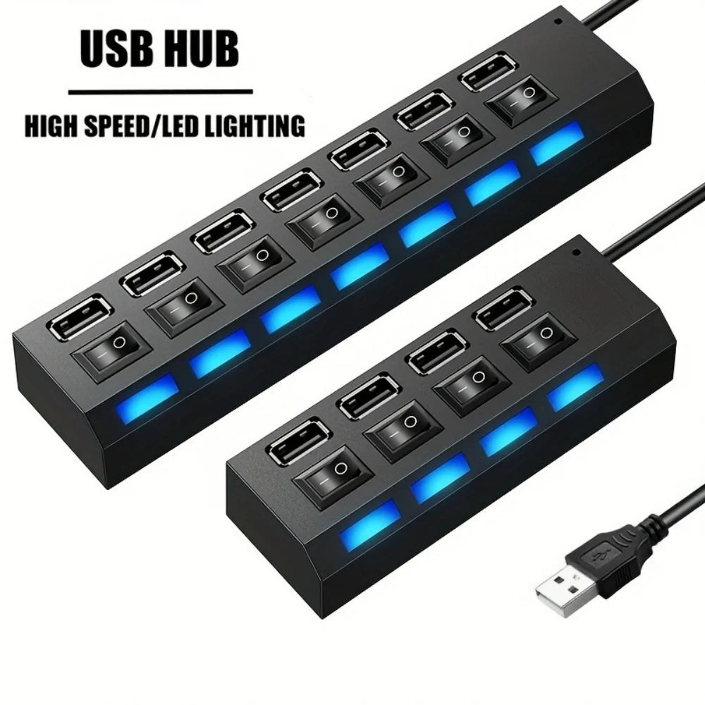 4/7 Port USB 2.0 Hub High Speed Multi Splitter Adapter Expander with LED Lamp Switch for PC Laptop Computer Extender