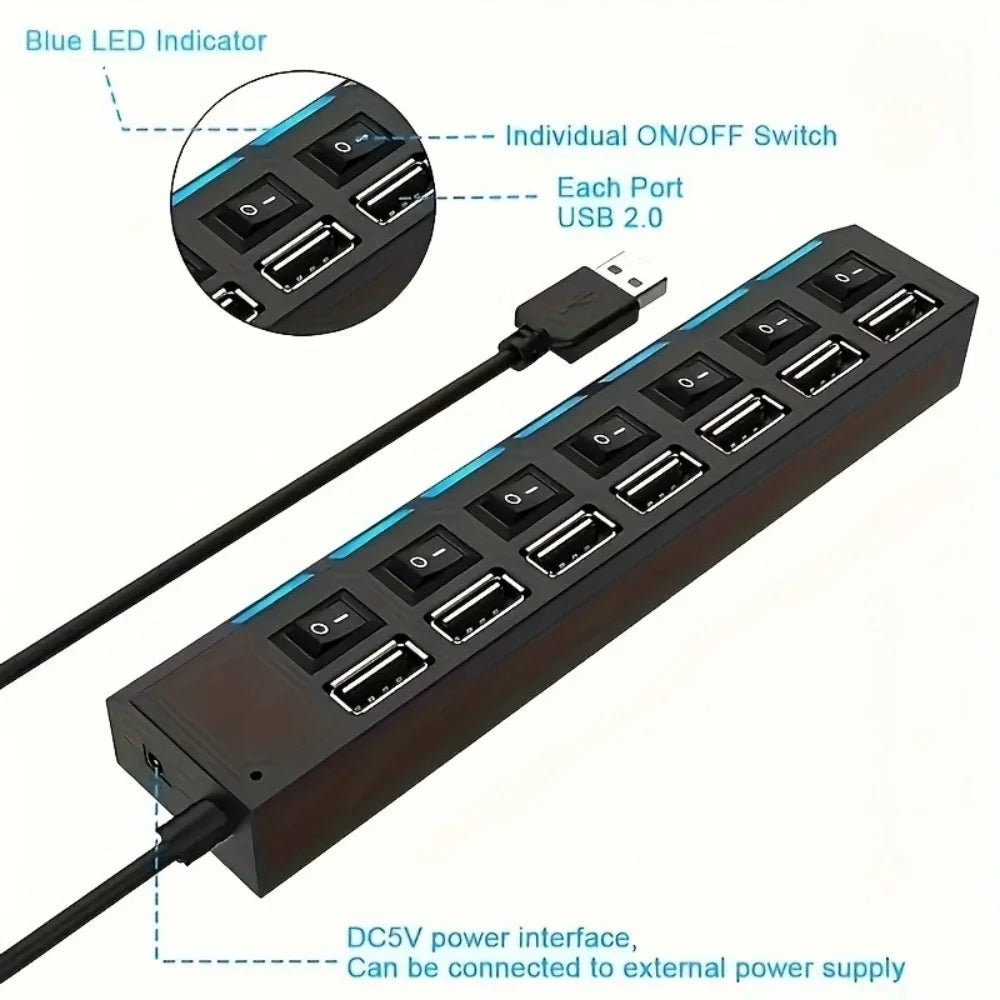 4/7 Port USB 2.0 Hub High Speed Multi Splitter Adapter Expander with LED Lamp Switch for PC Laptop Computer Extender