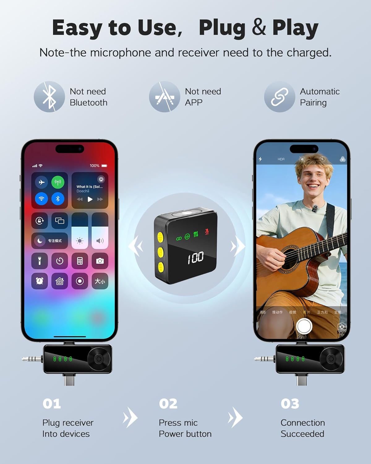 3-in-1 Wireless Lavalier Microphone for iPhone, Android, Cameras - Mini Microphone with Digital Display & Noise Reduction, 20H Battery Life, Mic for Video Recording, TikTok, YouTube, Vlogging