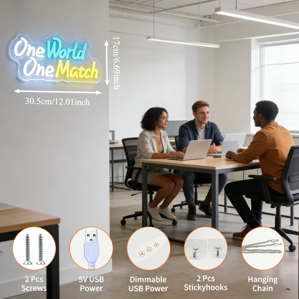 COne World One Match Gaming Neon Sign LED Desk Decor for Home Office Gaming Room Unity Competition  Lighting Wall Art Gift Idea