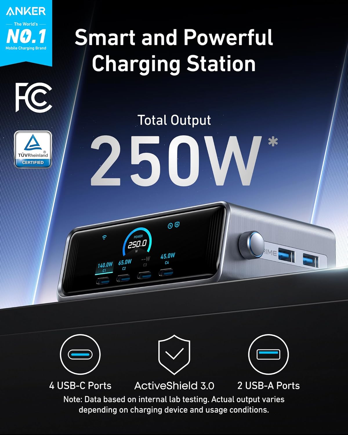 Anker Prime Charging Station, GAMING FAZE 1 250W 6-Port GaN USB C Charger, 2.26" LCD Smart Display Control, Compatible with iPhone, Galaxy, MacBook, Dell for Home Office, Desk Accessories