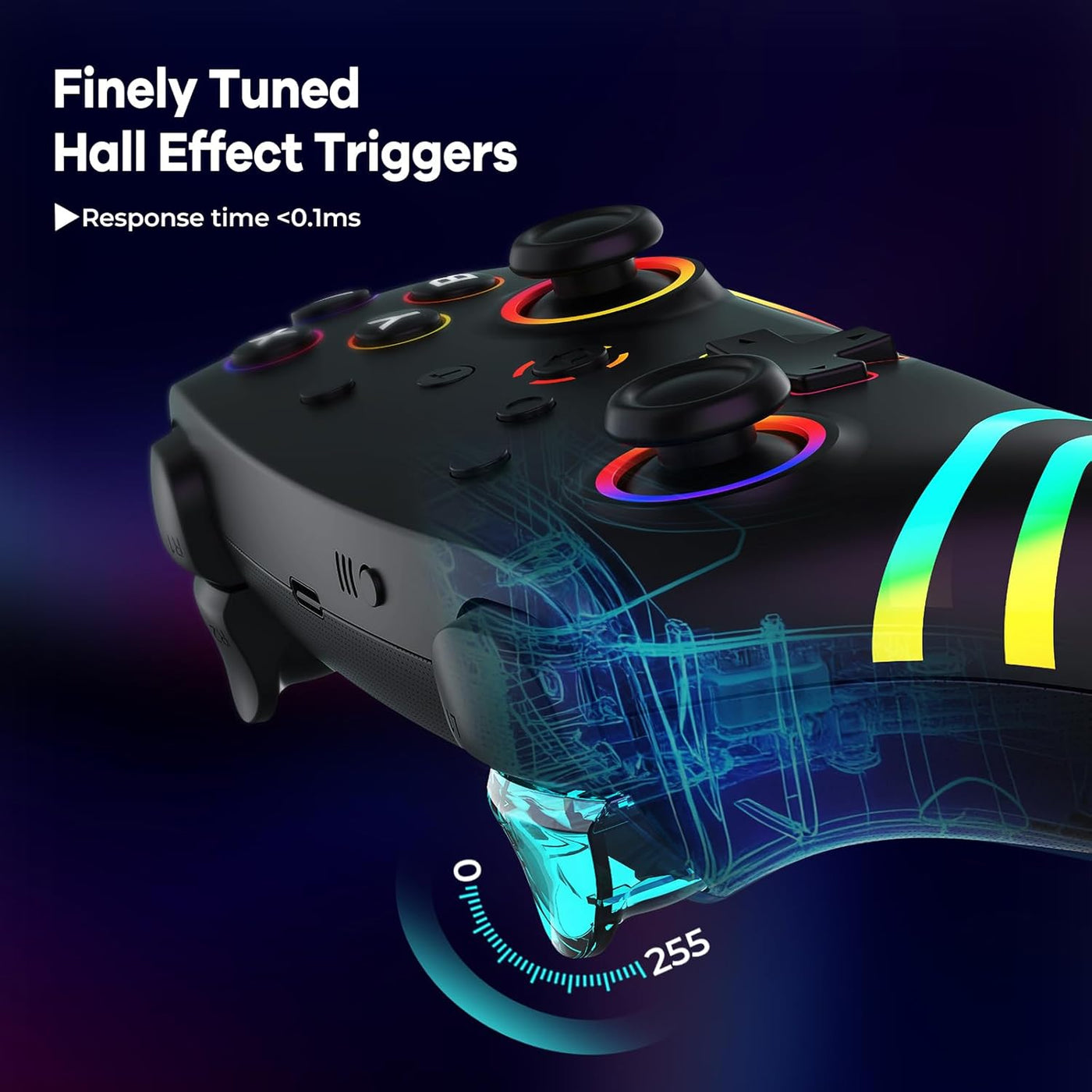 MYSTILUCK Wireless Pro Controller for Switch/Switch 2/Lite/OLED/PC, Gamepad with 7 Color Changing RGB Lighting/Hall Effect Trigger/Dual Vibration/Turbo, Ergonomic Designed Precise Joystick