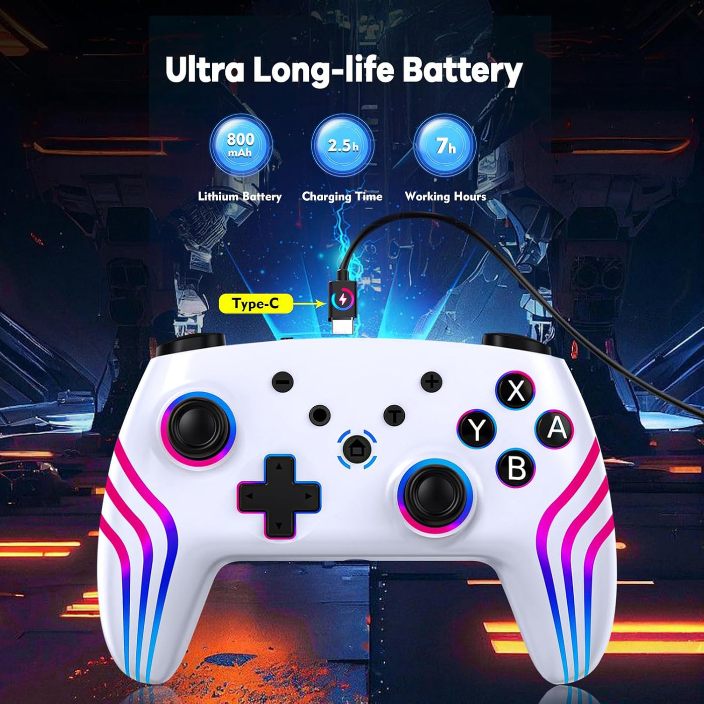 MYSTILUCK Wireless Pro Controller for Switch/Switch 2/Lite/OLED/PC, Gamepad with 7 Color Changing RGB Lighting/Hall Effect Trigger/Dual Vibration/Turbo, Ergonomic Designed Precise Joystick