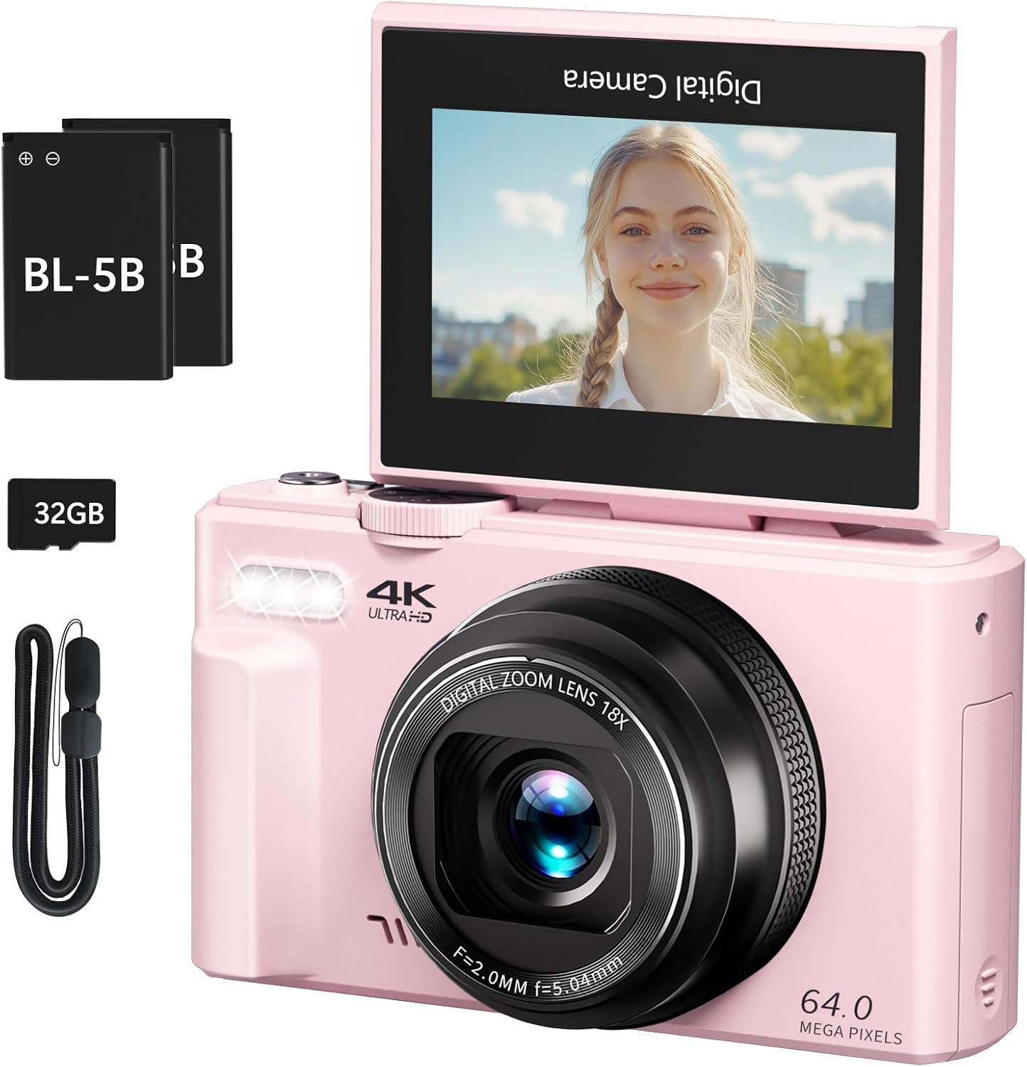 4K Digital Camera for Photography, 64MP Vlogging Camera for YouTube with 3" 180° Flip Screen, 18X Digital Zoom Point and Shoot Camera with 32GB Micro SD Card for Beginner (Black)