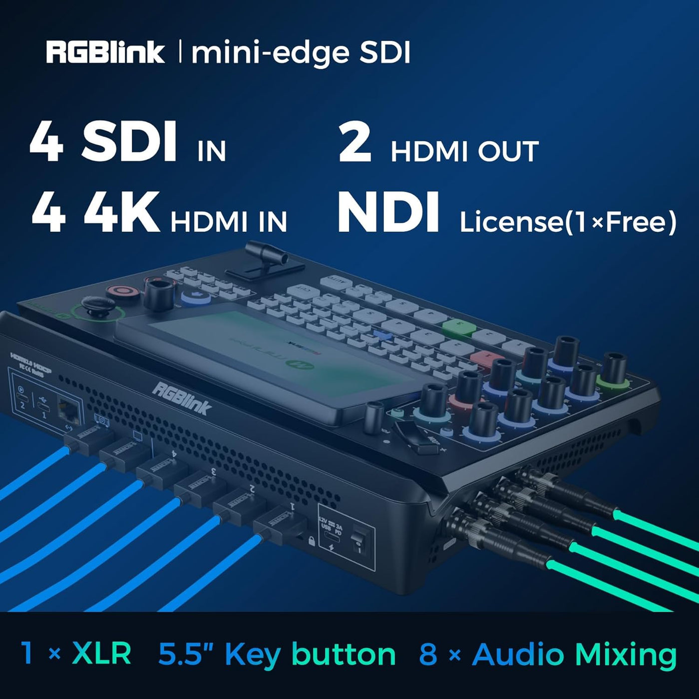 FAZE1 RGBlink mini-Edge SDI All-in-One Live Video Switcher Recorder with 4K SDI/HDMI Inputs, UVC, NDI, PTZ & Audio Mixer – Pro Streaming Kit for Live Streaming, Podcasting, Content Creation