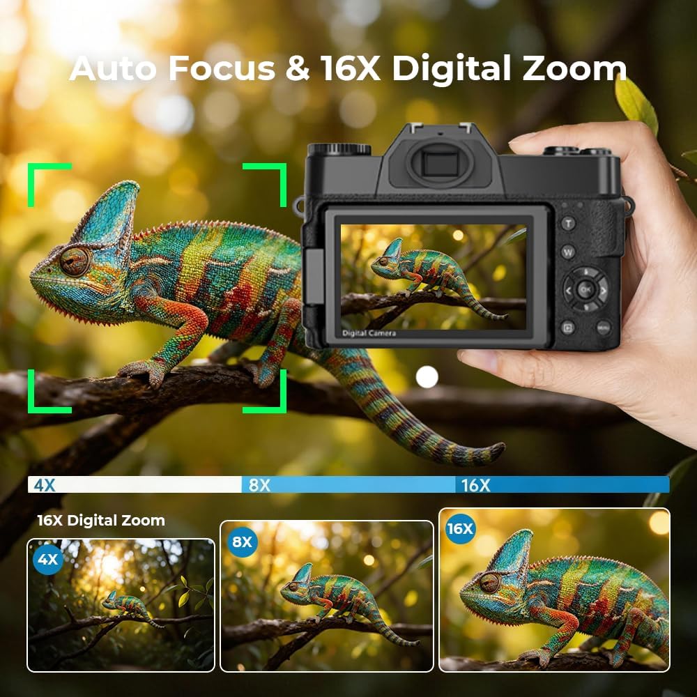 6K 64MP Digital Camera for Photography & YouTube Vlogging, 3" 180° Flip Screen, 16X Zoom Autofocus, WiFi, with Wide-Angle Lens,64GB TF Card, 2 Batteries, Charger, Reader & Flash