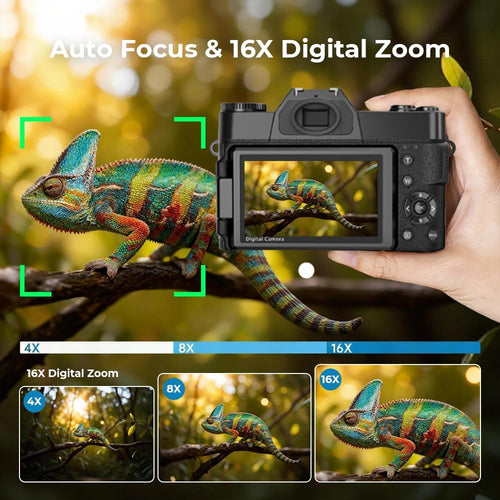 6K 64MP Digital Camera for Photography & YouTube Vlogging, 3" 180° Flip Screen, 16X Zoom Autofocus, WiFi, with Wide-Angle Lens,64GB TF Card, 2 Batteries, Charger, Reader & Flash