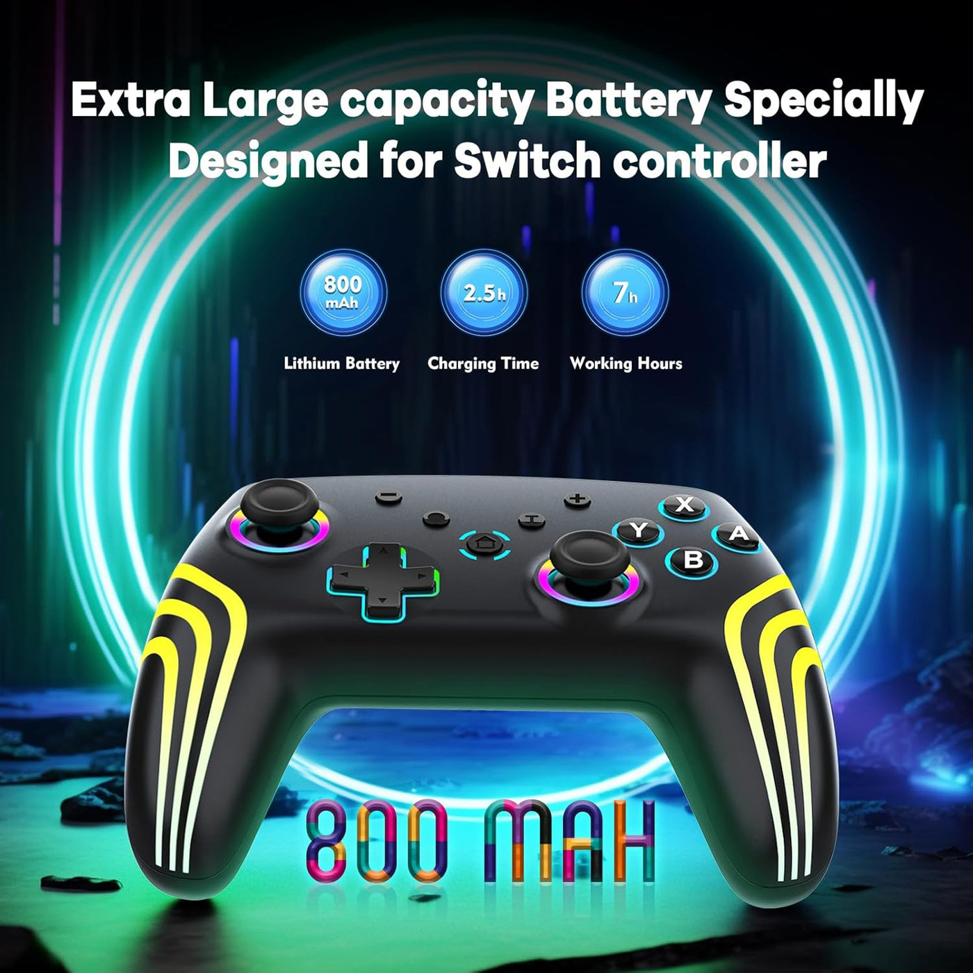 MYSTILUCK Wireless Pro Controller for Switch/Switch 2/Lite/OLED/PC, Gamepad with 7 Color Changing RGB Lighting/Hall Effect Trigger/Dual Vibration/Turbo, Ergonomic Designed Precise Joystick