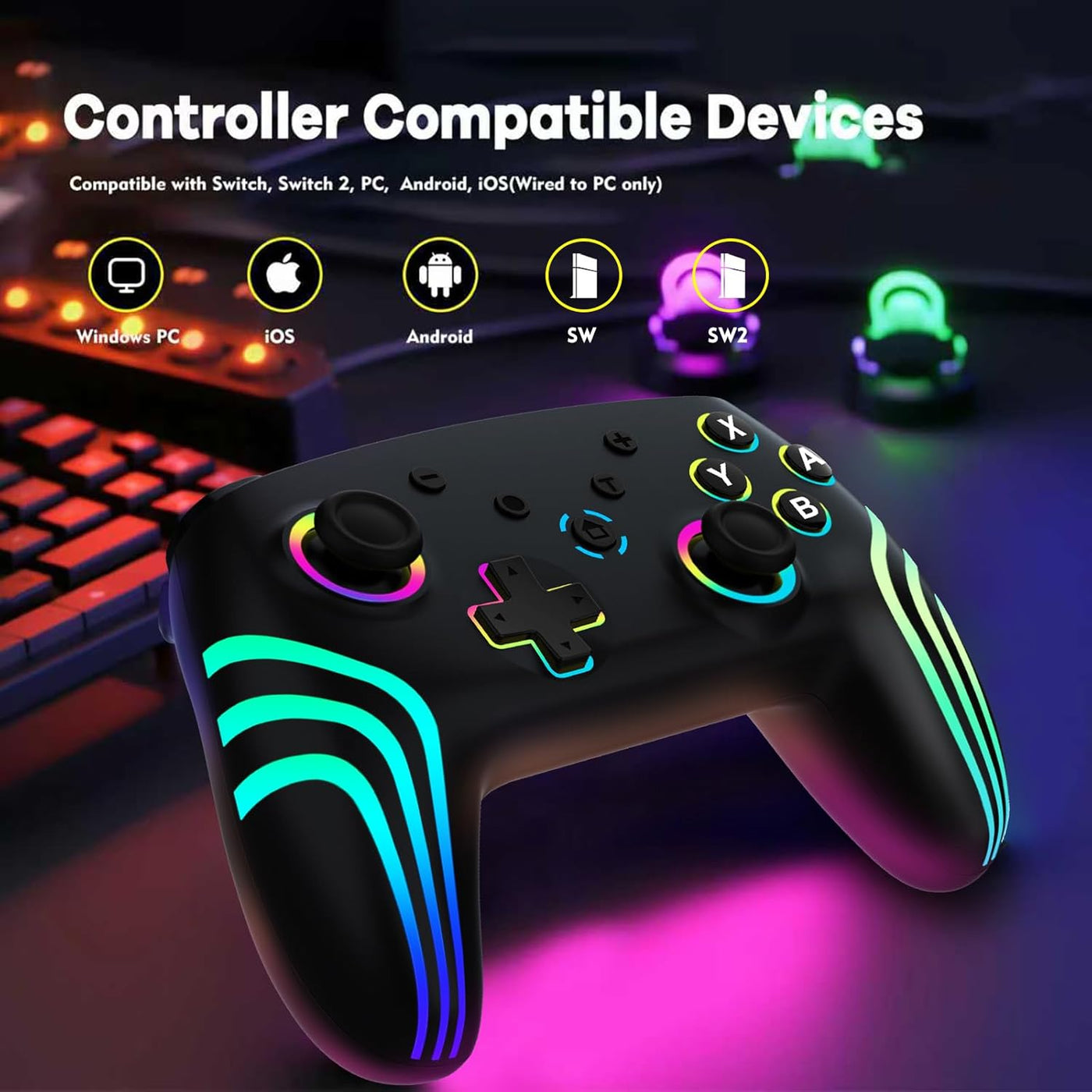 MYSTILUCK Wireless Pro Controller for Switch/Switch 2/Lite/OLED/PC, Gamepad with 7 Color Changing RGB Lighting/Hall Effect Trigger/Dual Vibration/Turbo, Ergonomic Designed Precise Joystick