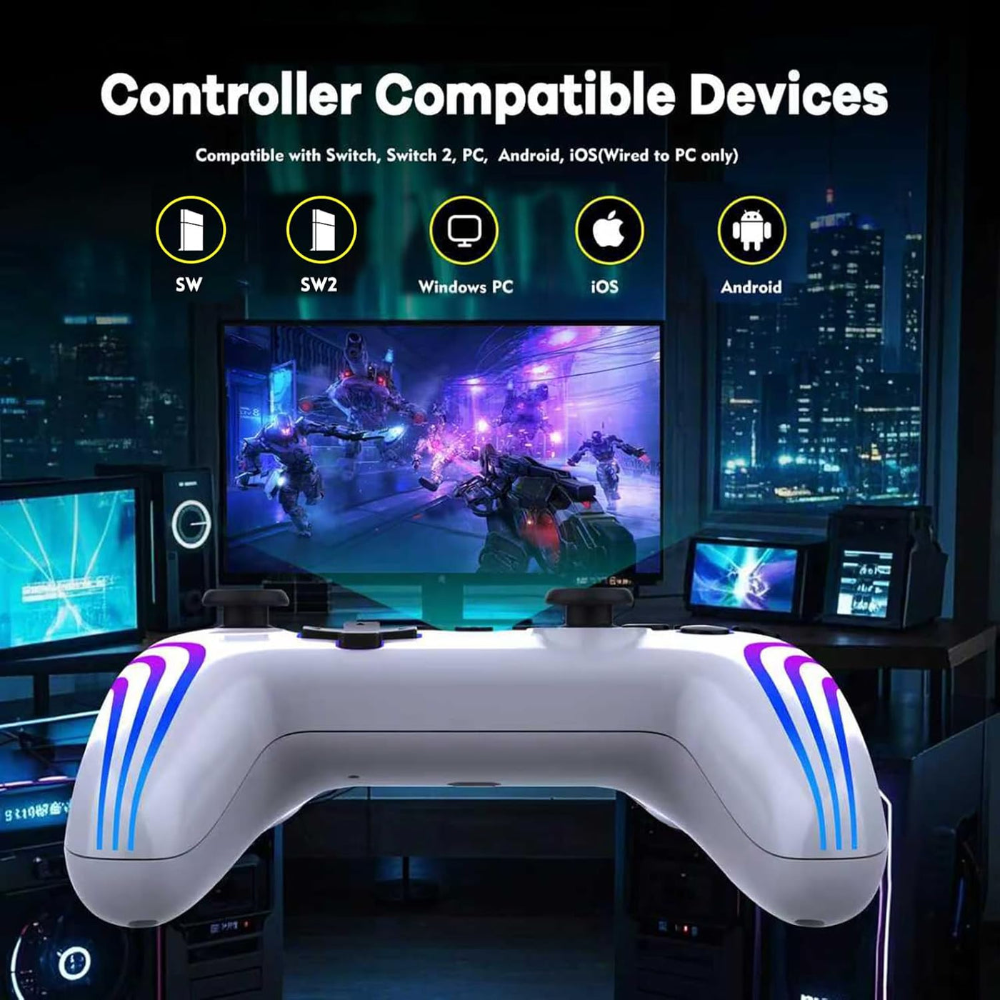 MYSTILUCK Wireless Pro Controller for Switch/Switch 2/Lite/OLED/PC, Gamepad with 7 Color Changing RGB Lighting/Hall Effect Trigger/Dual Vibration/Turbo, Ergonomic Designed Precise Joystick