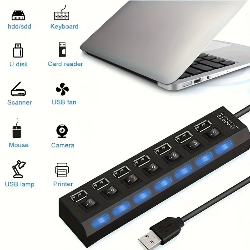4/7 Port USB 2.0 Hub High Speed Multi Splitter Adapter Expander with LED Lamp Switch for PC Laptop Computer Extender