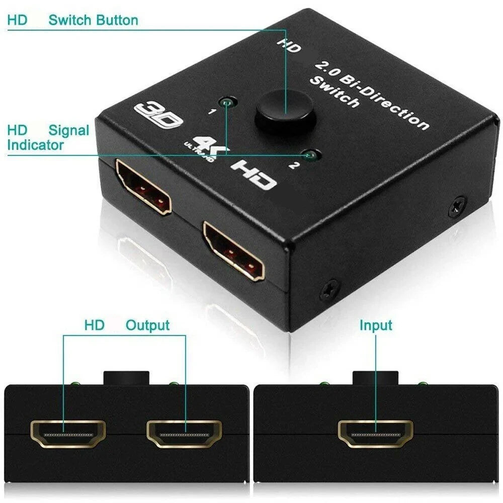 HDMI-compatible Switch 2 Ports 4K 120Hz 2 In 1 Out/1 in 2 Out Video Splitter for Laptop PC Xbox TV Box to Monitor TV Projector
