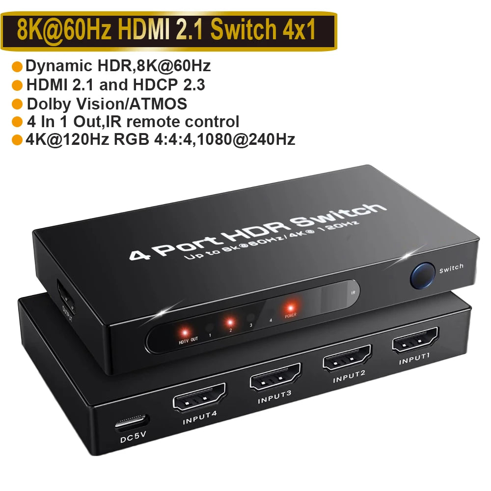 Navceker HDMI 2.1 Switcher 8K 60Hz 4K120Hz HDMI-compatible Switch 4 in 1 Out with Remote Control Converter For Xbox PS5 Monitors
