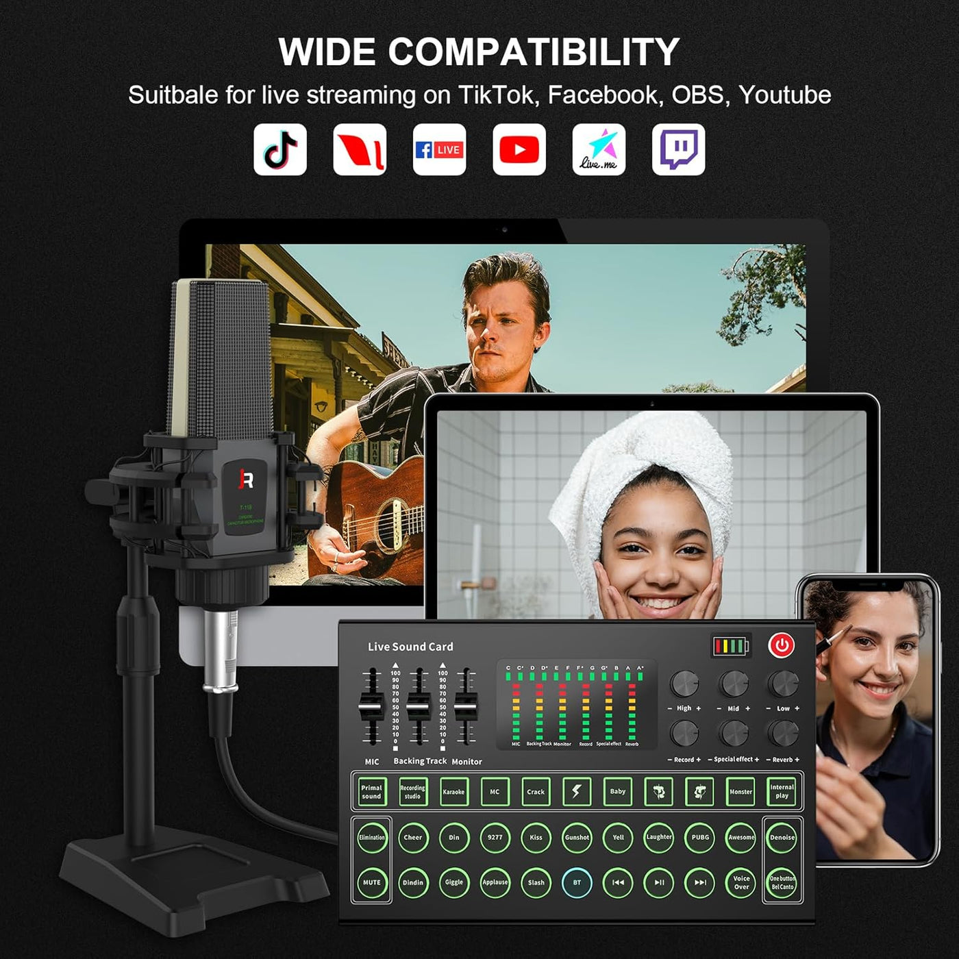 FAZE 1 ALL IN ONE Podcast Equipment Bundle, All-in-One Audio Interface DJ Mixer with Microphone, Stand, Monitor Earphone, Audio Mixer With Sound card for PC/Laptop/Phone, Streaming/Podcasting/Gaming (M9 Set)