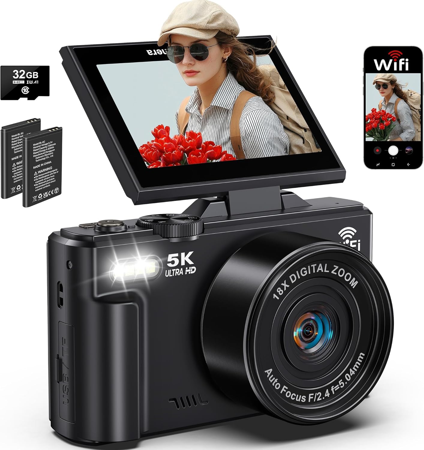 5K Digital Camera for Photography Autofocus 75MP Vlogging Camera for YouTube with SD Card, Compact Travel Camera for Teens with 18X Zoom, 32GB SD Card
