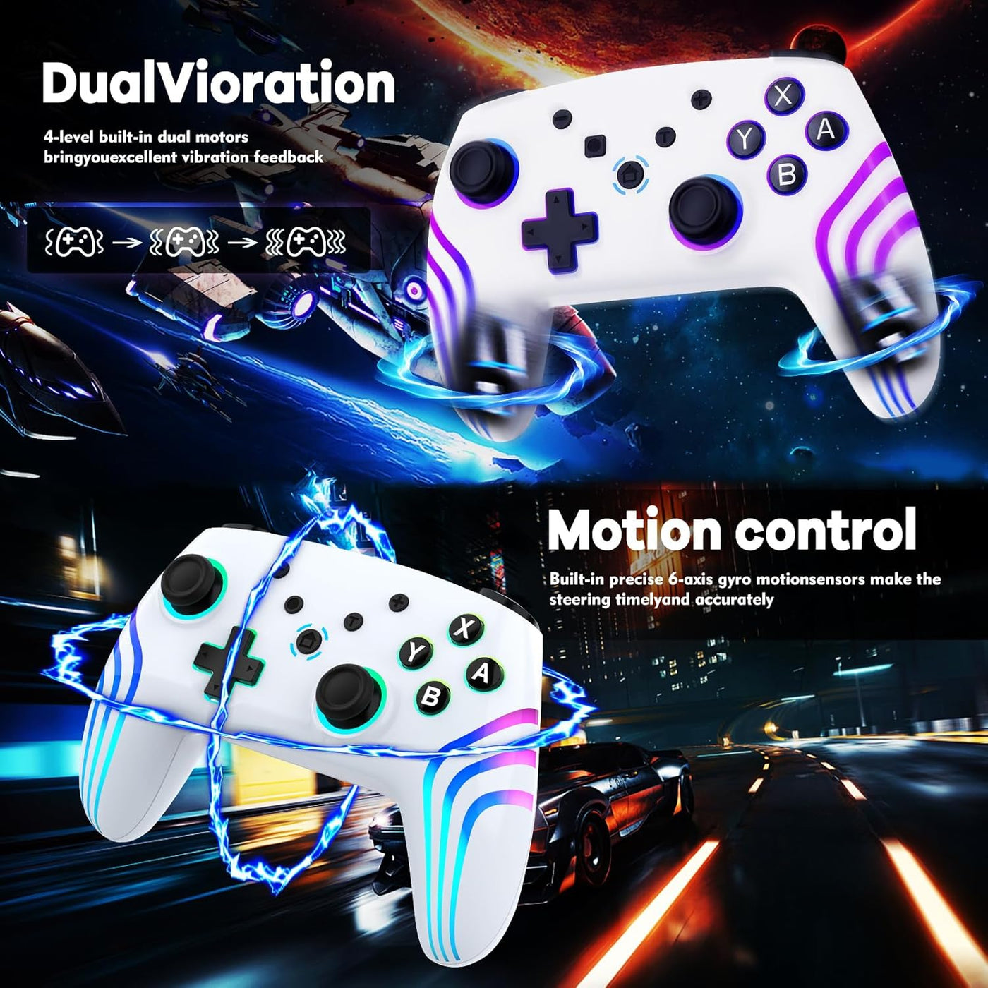 MYSTILUCK Wireless Pro Controller for Switch/Switch 2/Lite/OLED/PC, Gamepad with 7 Color Changing RGB Lighting/Hall Effect Trigger/Dual Vibration/Turbo, Ergonomic Designed Precise Joystick