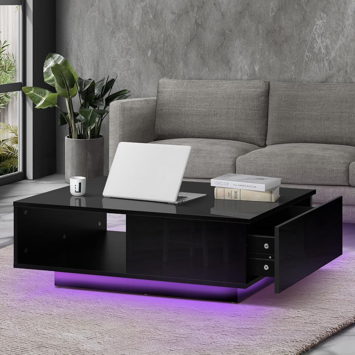 FAZE1 GAME Coffee Table High Gloss Storage Drawer and Open Shelf Home Living Room Table Black
