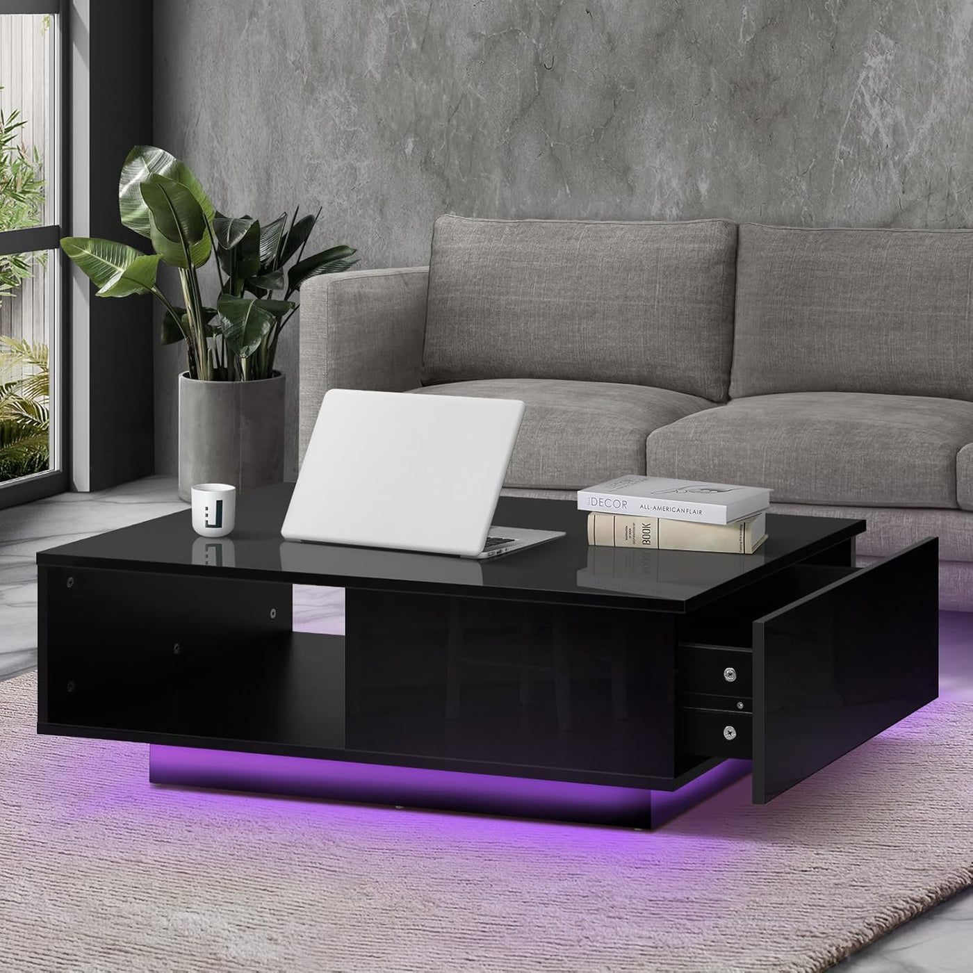 FAZE1 GAME Coffee Table High Gloss Storage Drawer and Open Shelf Home Living Room Table Black