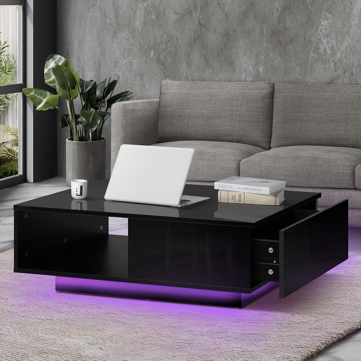 FAZE1 GAME Coffee Table High Gloss Storage Drawer and Open Shelf Home Living Room Table Black