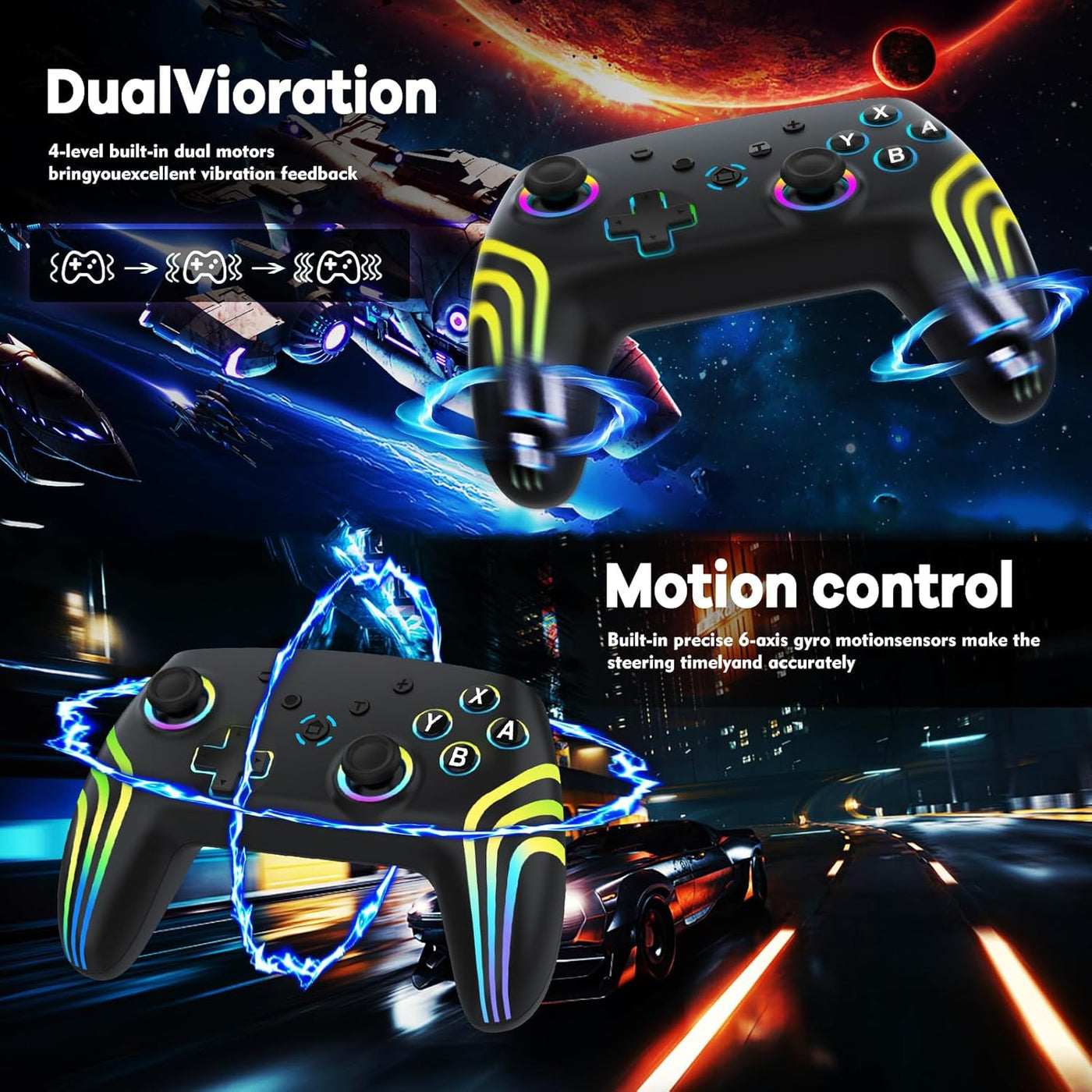 MYSTILUCK Wireless Pro Controller for Switch/Switch 2/Lite/OLED/PC, Gamepad with 7 Color Changing RGB Lighting/Hall Effect Trigger/Dual Vibration/Turbo, Ergonomic Designed Precise Joystick