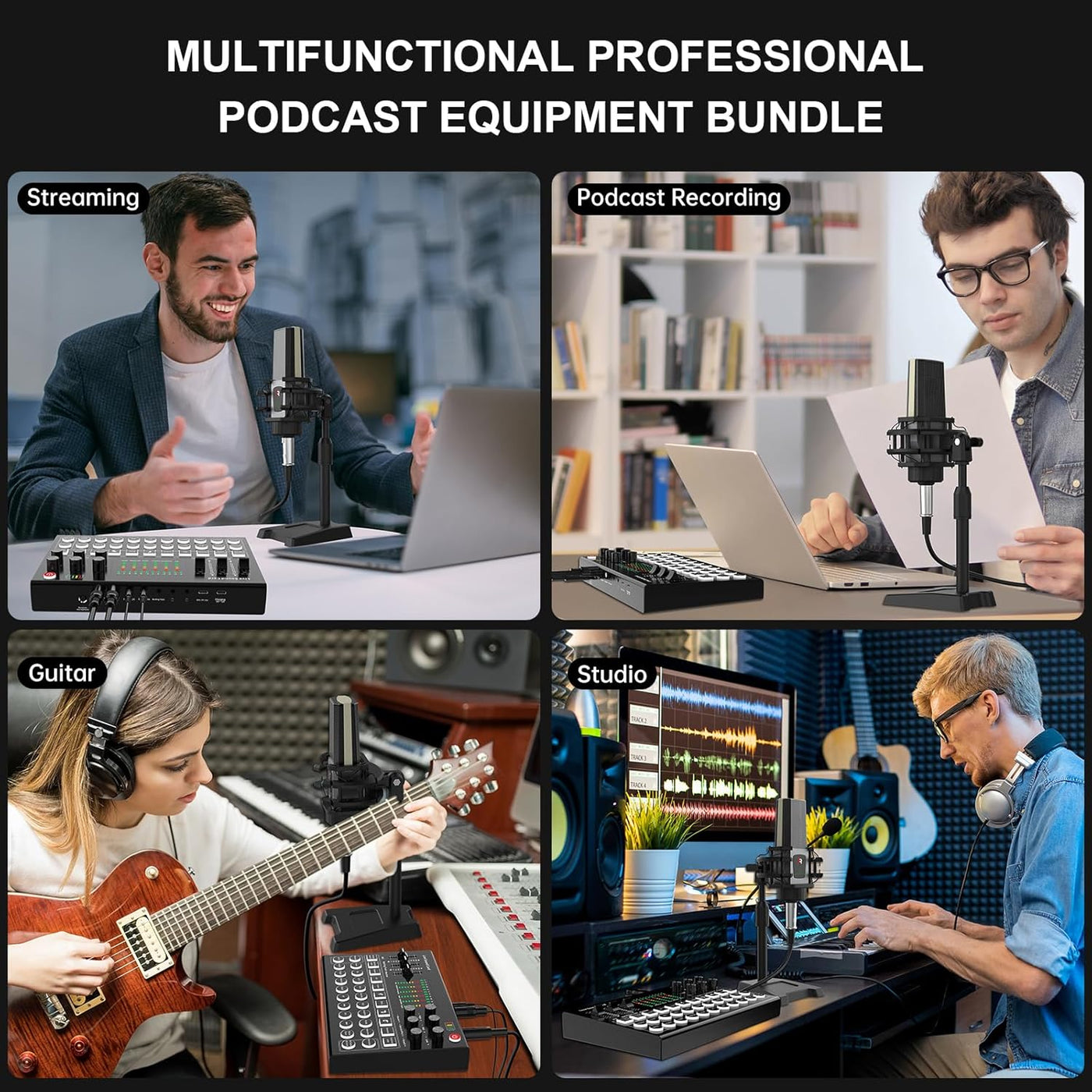 FAZE 1 ALL IN ONE Podcast Equipment Bundle, All-in-One Audio Interface DJ Mixer with Microphone, Stand, Monitor Earphone, Audio Mixer With Sound card for PC/Laptop/Phone, Streaming/Podcasting/Gaming (M9 Set)