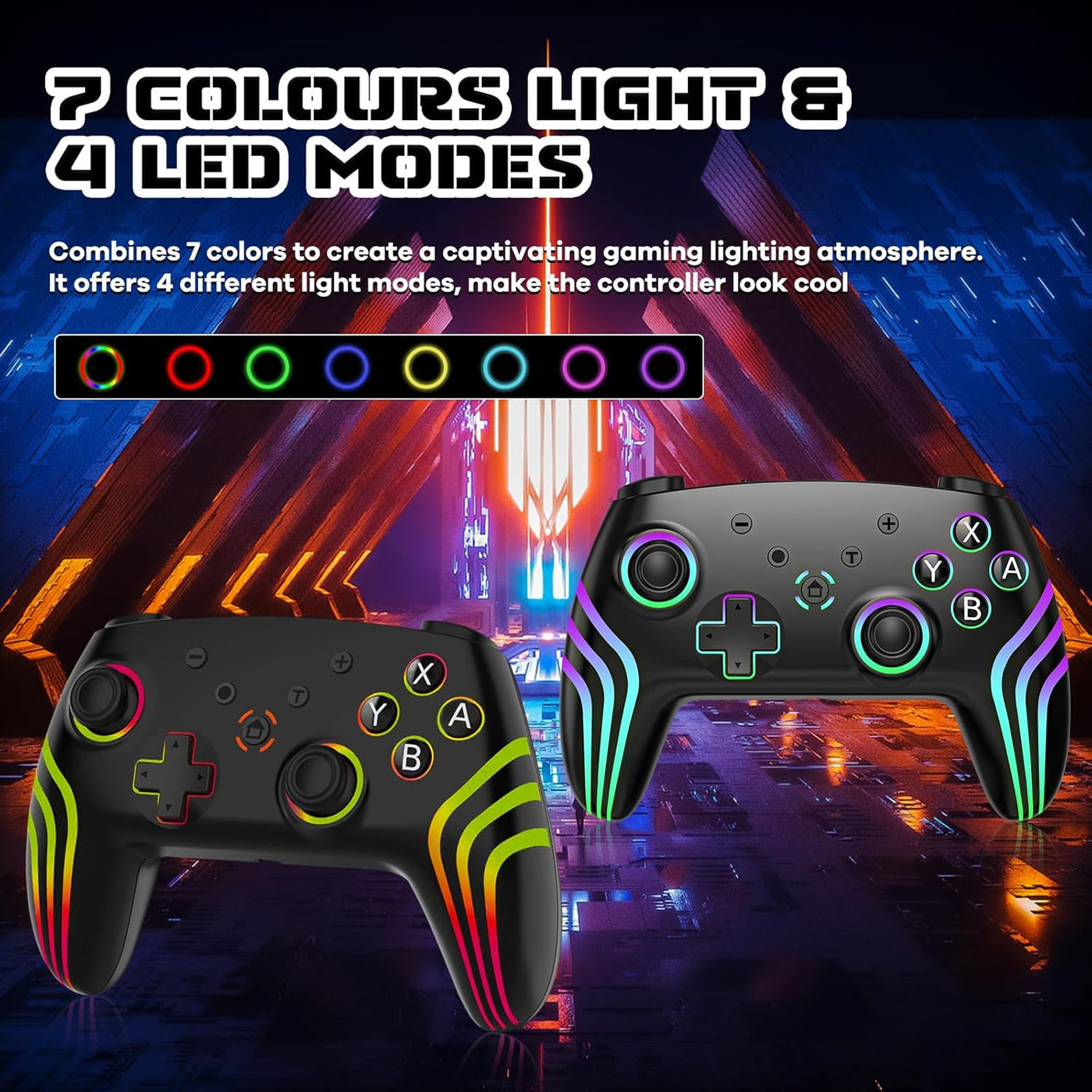 MYSTILUCK Wireless Pro Controller for Switch/Switch 2/Lite/OLED/PC, Gamepad with 7 Color Changing RGB Lighting/Hall Effect Trigger/Dual Vibration/Turbo, Ergonomic Designed Precise Joystick