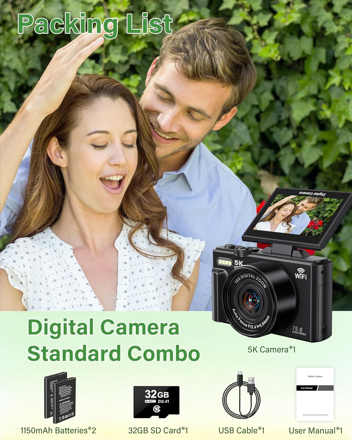 5K Digital Camera for Photography Autofocus 75MP Vlogging Camera for YouTube with SD Card, Compact Travel Camera for Teens with 18X Zoom, 32GB SD Card