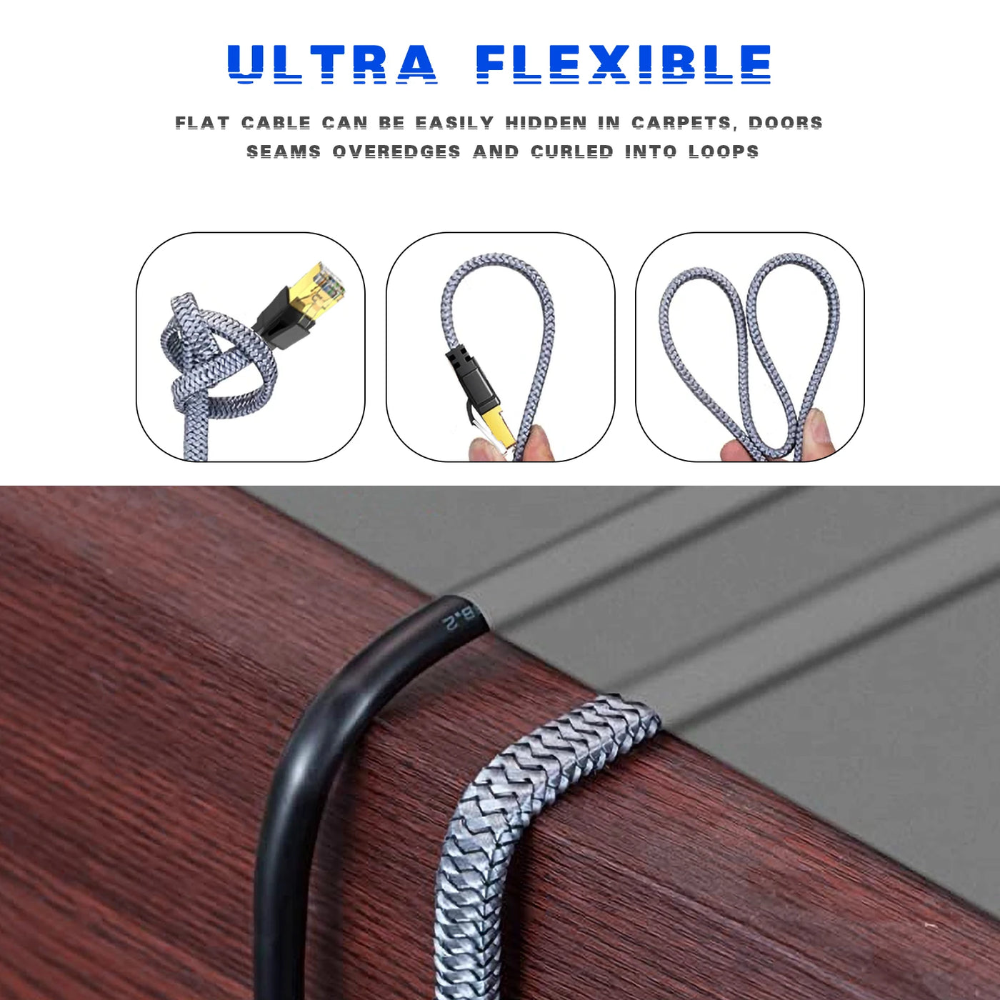 D-Sunty Ethernet Cable CAT8 40Gbps Nylon Braided Network Lan Cord for PC Modem Laptop PS 5 Router RJ45 Flat Cable Ethernet Cat 8
