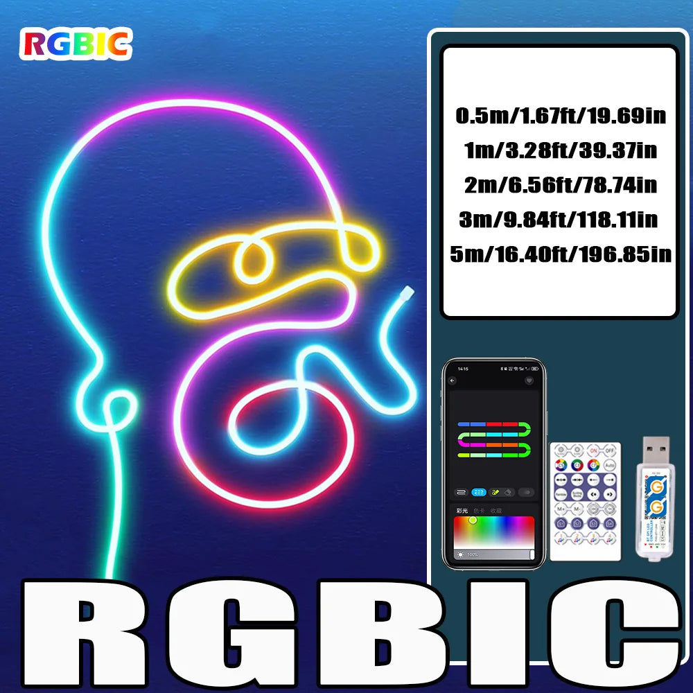 LED Strip with Remote & App, RGB+IC Neon Strip Lights, Flexible Light for Gaming Room, Bedroom Decor Lights, Vibrant Neon Light,