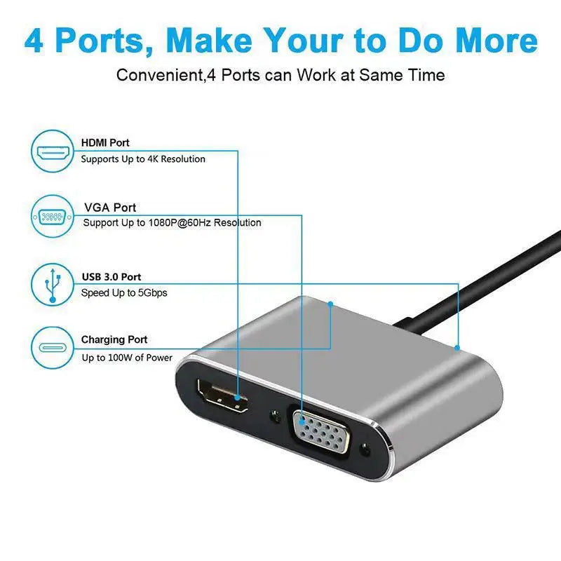 4 in 1 USB C Hub Docking Station Type C to 4K HDMI HDTV VGA USB 3.0 PD Fast Charge Splitter for MacBook Notebook Laptop Computer