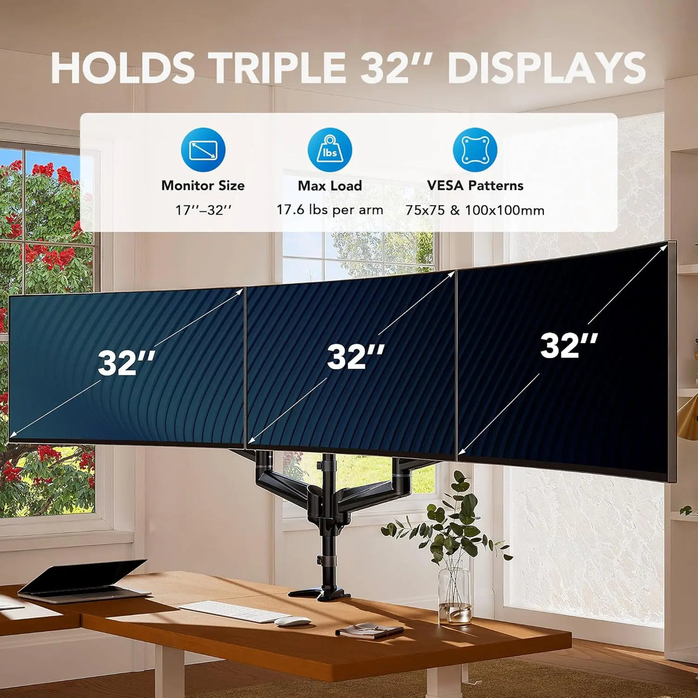 Triple Monitor Mount for 17-32 Inch Screens, Adjustable Gaming Stand with Swivel, Tilt, Rotation, Clamp & Grommet Kit