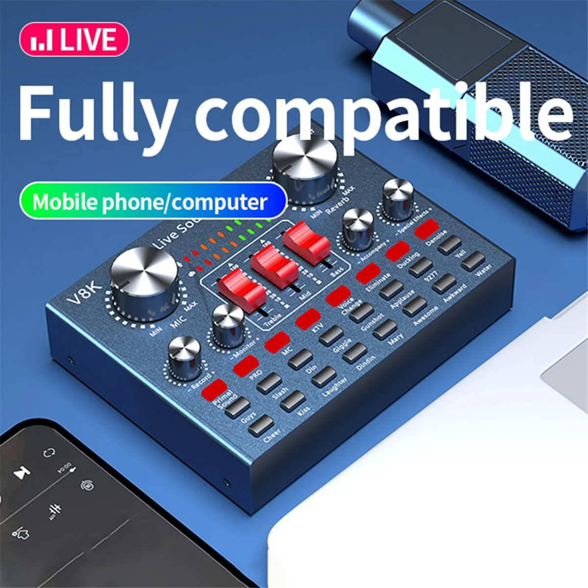 M86K V8K Audio USB External Sound Card Multi Portable Microphone Live Broadcast Sound Card for Mobile Phone Computer