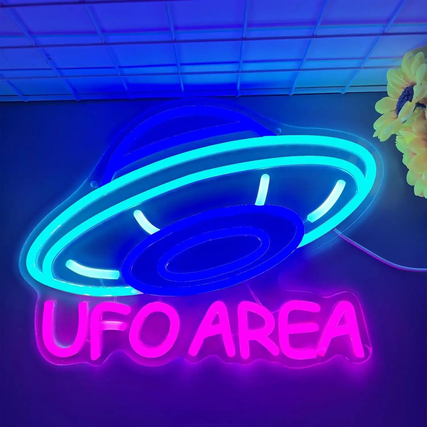 UFO AREA Neon Sign Alien Spaceship USB Dimmable LED Neon Lights for Gaming Room Bedroom Bar Party Man Cave Decor Night Lights