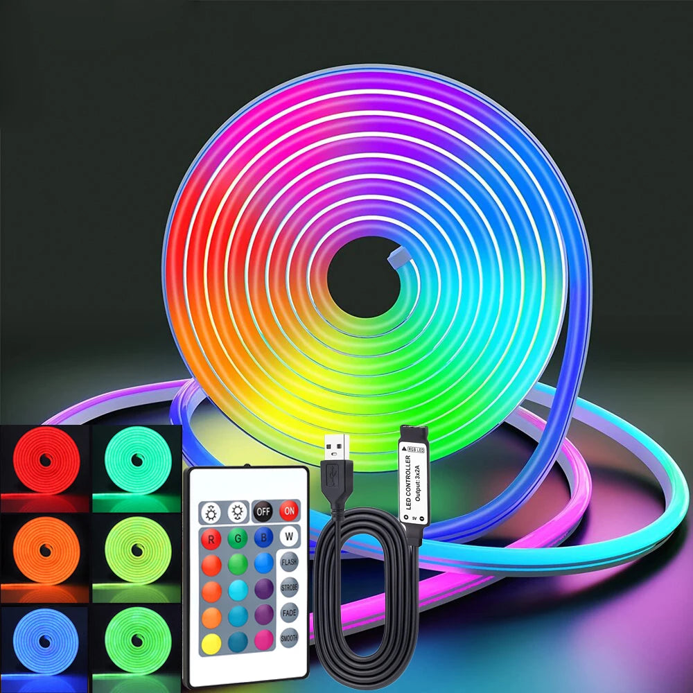 5V USB RGB Neon Rope Lights Flexible LED Strip Remote Control for Gaming Room Decor Lighting