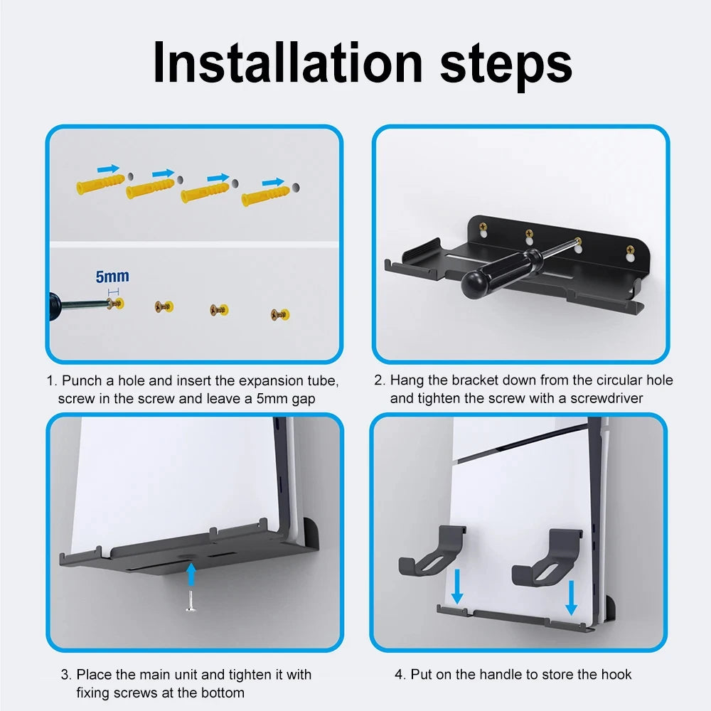 Steel vertical wall bracket kit with screw fixation for PS5/PS5Slim (CD and digital versions)