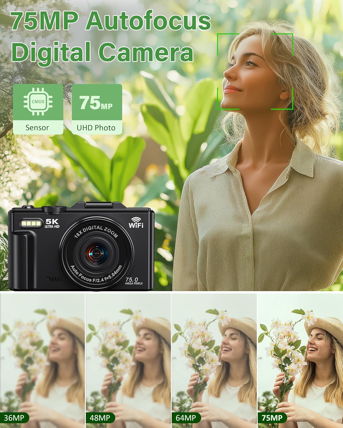 5K Digital Camera for Photography Autofocus 75MP Vlogging Camera for YouTube with SD Card, Compact Travel Camera for Teens with 18X Zoom, 32GB SD Card