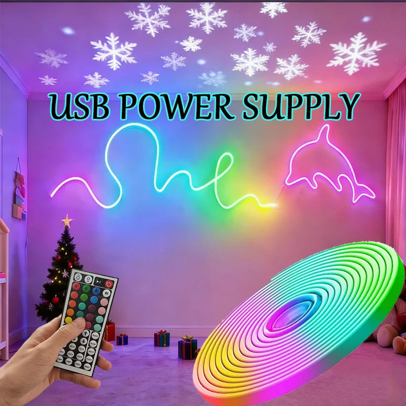 RGB LED Neon Rope Lights,5V USB Power Lamp,Remote Control,Adjustable Brightness,Moldable Strip - Gaming Backlight