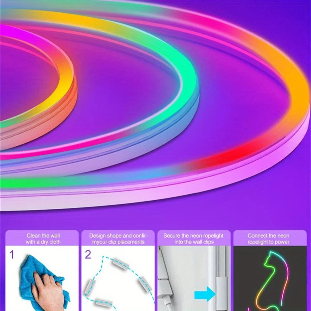 LED Strip with Remote & App, RGB+IC Neon Strip Lights, Flexible Light for Gaming Room, Bedroom Decor Lights, Vibrant Neon Light,