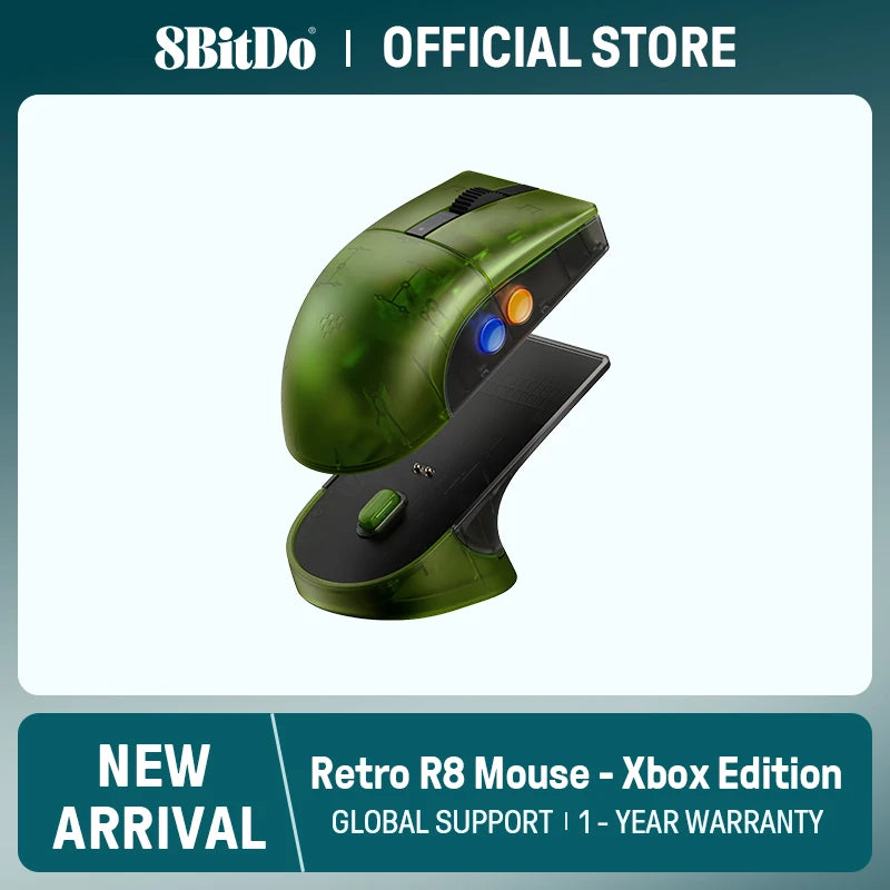 8BitDo Retro R8 Mouse with PAW 3395 Optical Sensor DPI 26K, Wireless 4K Polling Mouse with Charging Dock - Xbox Edition