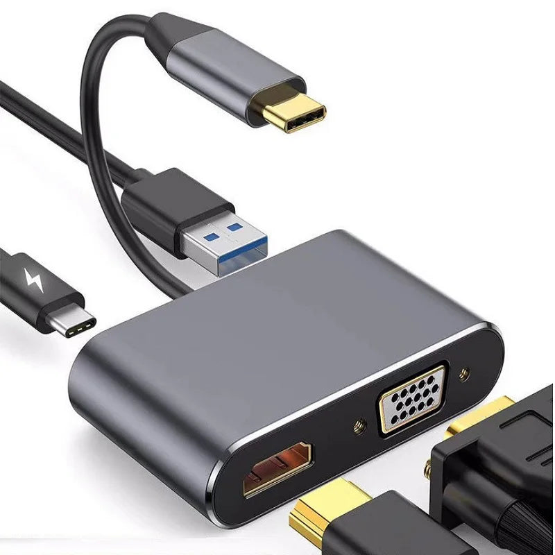 4 in 1 USB C Hub Docking Station Type C to 4K HDMI HDTV VGA USB 3.0 PD Fast Charge Splitter for MacBook Notebook Laptop Computer