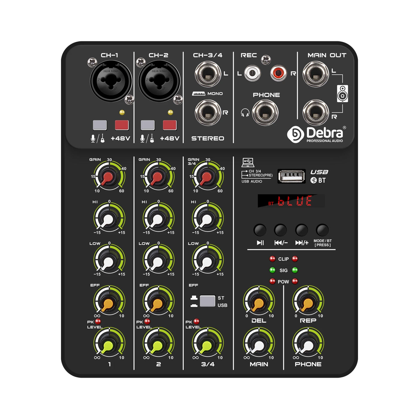 Debra V4/V8 Audio Interface Mixer, DJ Controller with Bluetooth USB 48V Phantom Power Delay Replay Effect for Computer Recording