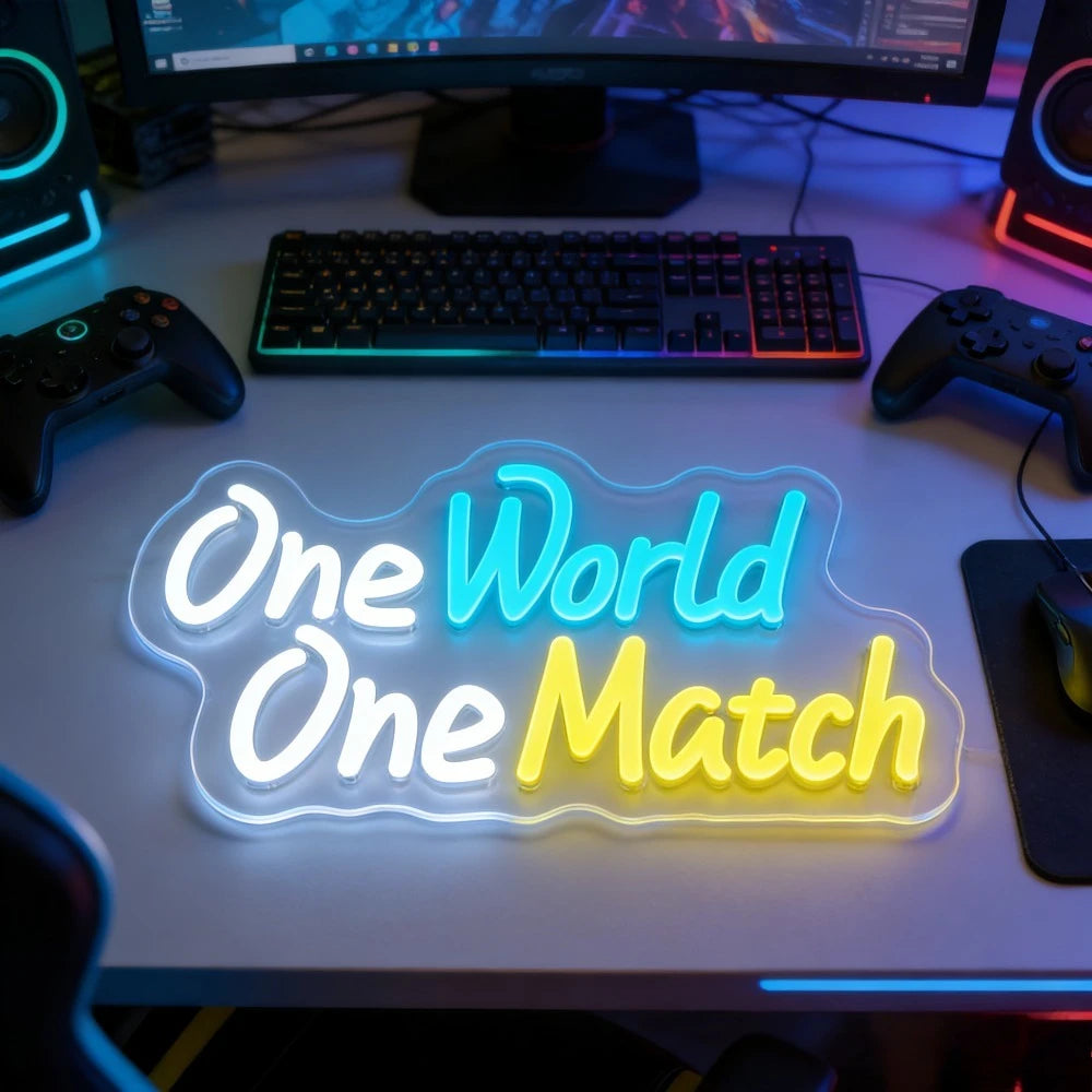 One World One Match LED Neon Sign USB Dimmable Wall Light for Gaming Room Esports Setup Gamer Bedroom PC Desk Decor
