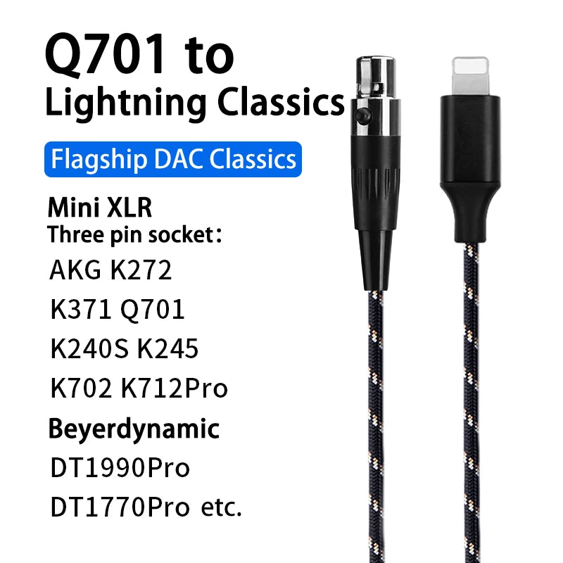 For AKG Q701 K240S K272 K371K701 DT1990Pro Replaceable TYPE-C USB-A Lightning to Mini XLR 3-Pin Desktop Computer Headphone Cable