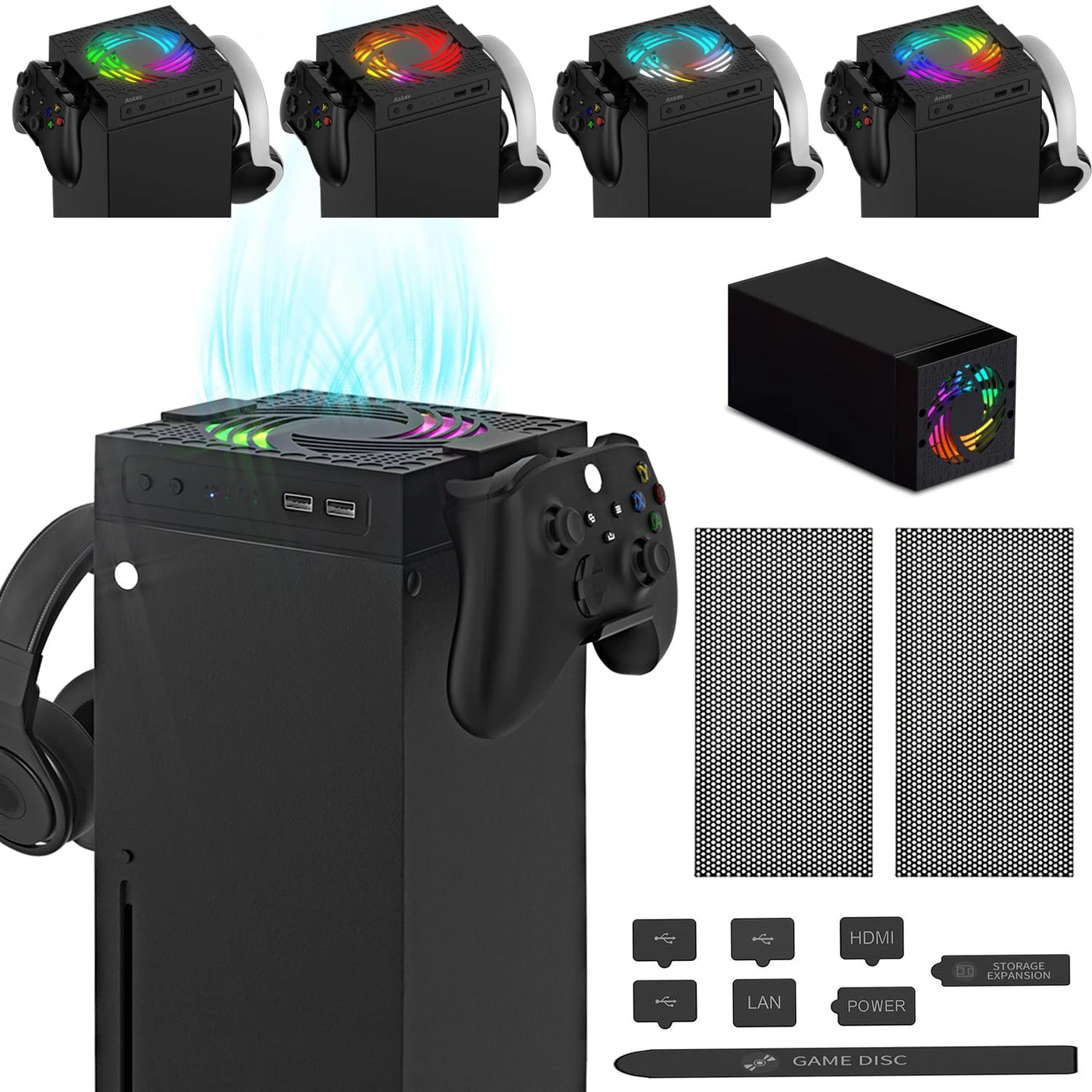 Aolion RGB Cooling Fan Host Dust Proof Cover Mesh Filter Jack Stopper Kit For Xbox Series X Game Console Handle Rack Accessories