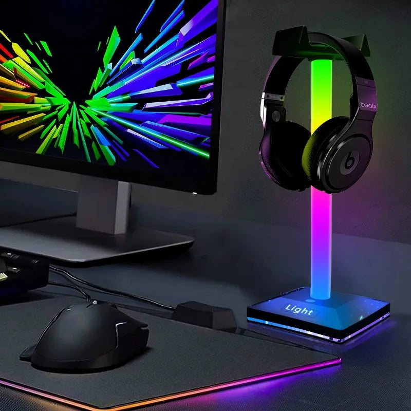 RGB Headphone Stand with Sound Activated Light, Headset Holder with Glowing Storage Base, Gaming Desk Accessory for Mic Pickup