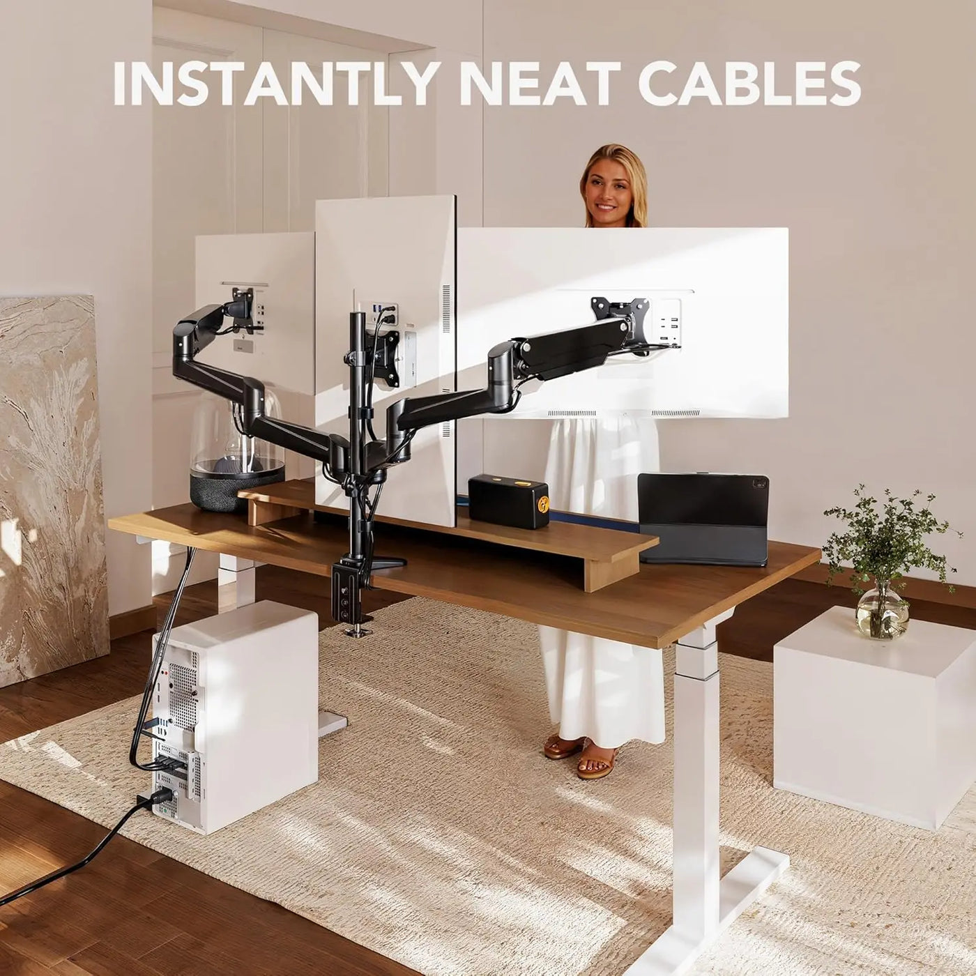 Triple Monitor Mount for 17-32 Inch Screens, Adjustable Gaming Stand with Swivel, Tilt, Rotation, Clamp & Grommet Kit
